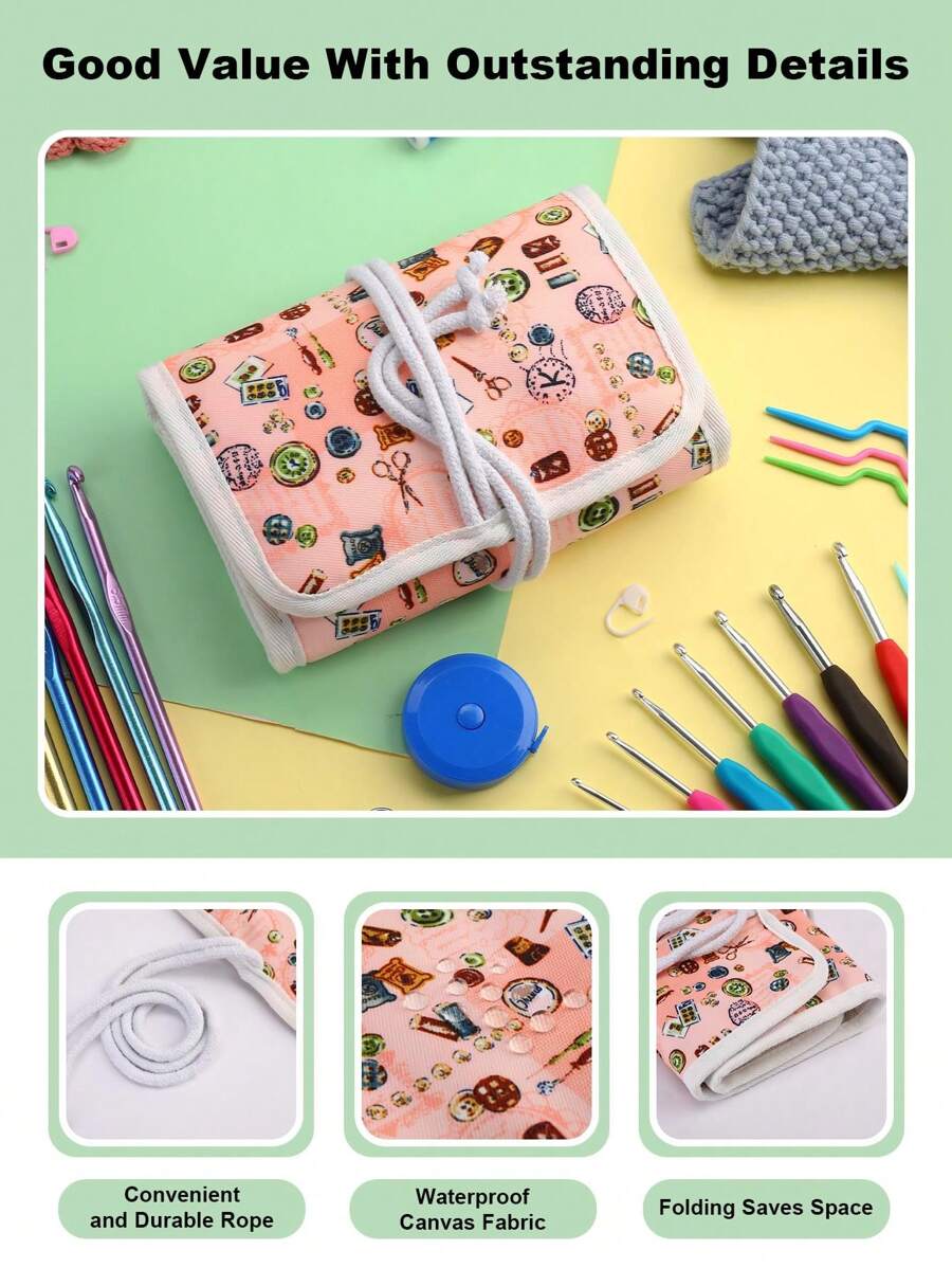 1個創意粉色縫紉圖樣鉤針包,獨特設計多功能收納袋,採用聚酯纖維製成,配有可折疊可攜式手提帶,大小為51.5cm,適用於家庭、少女、女性 - 彩色 - 查看 1