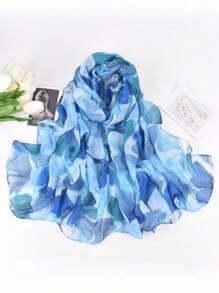 YWQLWJ 1件2023年新款秋冬女性銀杏葉印花bali雪紡圍巾女款輕盈披肩 - 藍色 - 查看 2