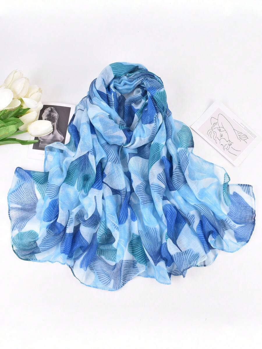 YWQLWJ 1件2023年新款秋冬女性銀杏葉印花bali雪紡圍巾女款輕盈披肩