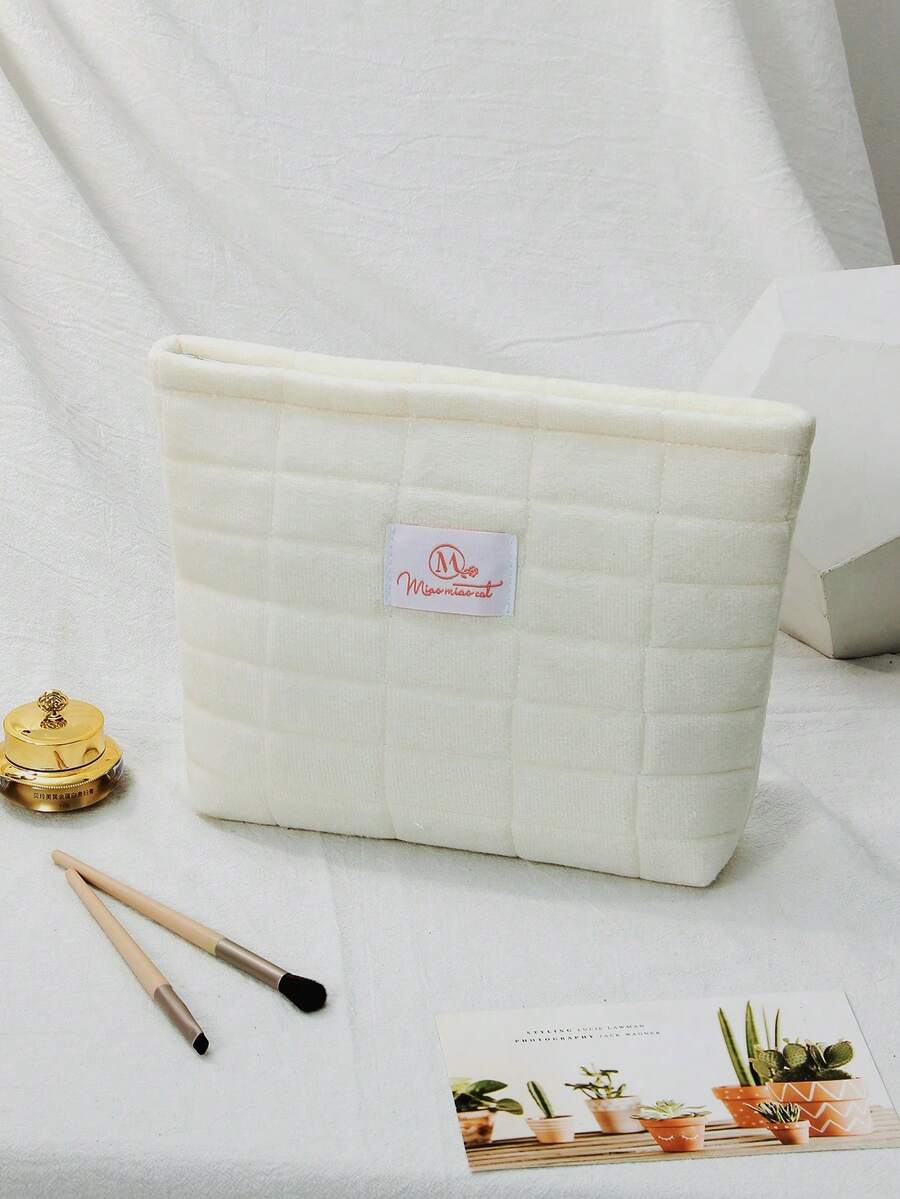 1個白色毛絨可愛拼接化妝袋,大容量旅行整理包,適用於化妝品、洗漱用品、學生羽絨化妝包