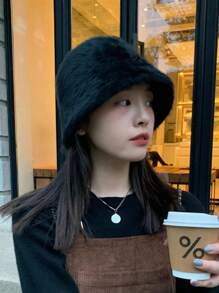 1pc [Bucket Hat] Women's Hat, Autumn And Winter 2023 New Style Bucket Hat, Winter Warmth Thickened Bucket Hat, Large Headband Shows Small Basin Hat - Black - View 1
