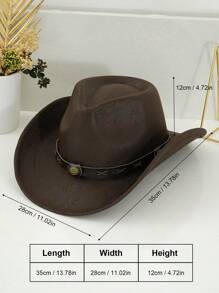 1pc Unisex Deep Brown Leather Western Cowboy Hat With Metal Oval Plaque & Braid Decoration, Winter, Suitable For Beach, Outdoor, Party And Daily Wear Street - Coffee Brown - View 5