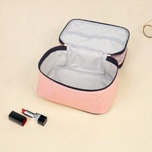1入組雙層化妝箱,大容量配手柄,濕乾分離pu皮革時尚透明化妝包,適用於女性旅行 - 粉色 - 查看 2