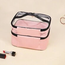 1入組雙層化妝箱,大容量配手柄,濕乾分離pu皮革時尚透明化妝包,適用於女性旅行 - 粉色 - 查看 5