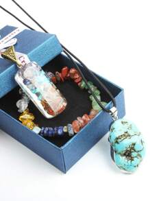 7 脈輪手鍊和吊墜套裝天然石材、多色晶片手鍊、樹脂吊墜、綠松石吊墜、綠松石、晶、紅石、綠瑪瑙、青金石和透明水晶,適合女士日常佩戴 - 七脈輪吊墜手鍊禮盒套裝 - 查看 3