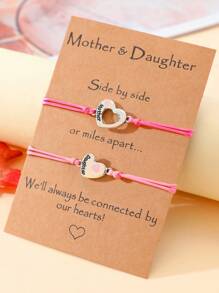 Goodwaro 2pcs Creative Polished Pink Drip Heart Shape Pendant Bracelet Set, Engraved Mother & Daughter Design, Handmade Braided Bangle, Matching Card And Package, Suitable For Christmas, Thanksgiving & New Year's Gift - Black - View 2