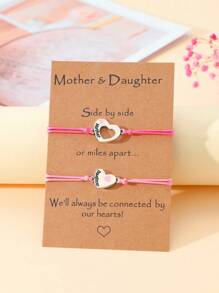 Goodwaro 2pcs Creative Polished Pink Drip Heart Shape Pendant Bracelet Set, Engraved Mother & Daughter Design, Handmade Braided Bangle, Matching Card And Package, Suitable For Christmas, Thanksgiving & New Year's Gift - Black - View 4