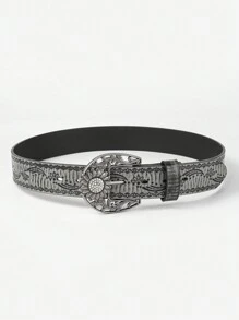 1 條時尚女士歐美風辣妹日常銀色紋理小眾針扣腰帶,特別印花圖案亞克力水晶鑽皮帶 - 銀色 - 查看 3