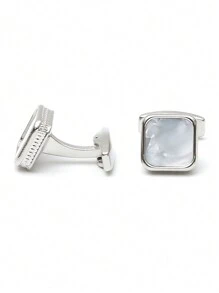 男士袖扣,奢華的法式風格正方形金屬襯衫袖扣,貝母嵌入式 - 銀色 - 查看 2