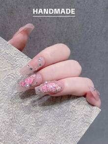 GIRL PLUS Girlplus 10個手工製作的長棺形假指甲,水晶蝴蝶指甲設計,時尚的指甲套裝,適合女性和女孩日常穿着