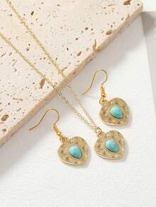 2pcs/Set Stylish Hammered Texture Design Heart Pendant Necklace & Earrings Set With Green Turquoise Inlay, Suitable For Women's Daily Gathering - Gold - View 2