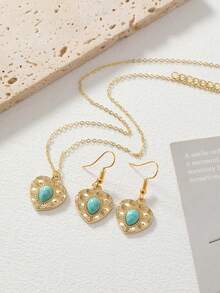 2pcs/Set Stylish Hammered Texture Design Heart Pendant Necklace & Earrings Set With Green Turquoise Inlay, Suitable For Women's Daily Gathering - Gold - View 1