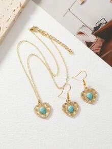 2pcs/Set Stylish Hammered Texture Design Heart Pendant Necklace & Earrings Set With Green Turquoise Inlay, Suitable For Women's Daily Gathering - Gold - View 3