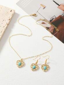 2pcs/Set Stylish Hammered Texture Design Heart Pendant Necklace & Earrings Set With Green Turquoise Inlay, Suitable For Women's Daily Gathering - Gold - View 4