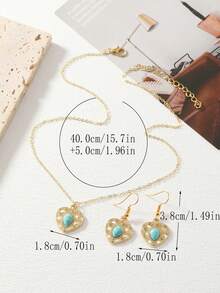 2pcs/Set Stylish Hammered Texture Design Heart Pendant Necklace & Earrings Set With Green Turquoise Inlay, Suitable For Women's Daily Gathering - Gold - View 5