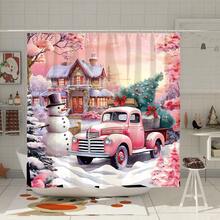 1件雪人汽車房子粉紅色淋浴簾,聖誕節卡通可愛聚酯纖維180x180cm,72''x72''防水淋浴簾與12個鉤子,適用於聖誕節浴室浴缸裝飾 - 粉色 - 查看 2