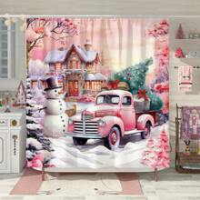 1件雪人汽車房子粉紅色淋浴簾,聖誕節卡通可愛聚酯纖維180x180cm,72''x72''防水淋浴簾與12個鉤子,適用於聖誕節浴室浴缸裝飾 - 粉色 - 查看 1