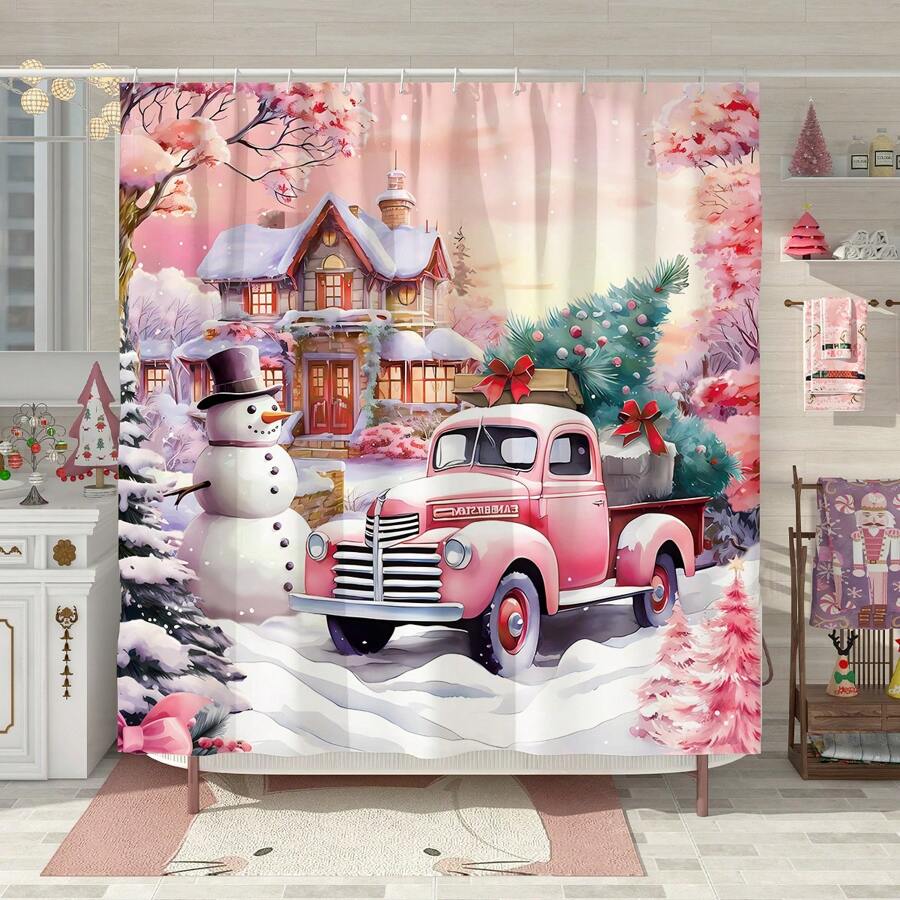 1件雪人汽車房子粉紅色淋浴簾,聖誕節卡通可愛聚酯纖維180x180cm,72''x72''防水淋浴簾與12個鉤子,適用於聖誕節浴室浴缸裝飾 - 粉色 - 查看 1