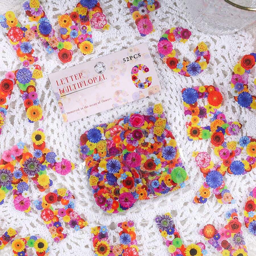1 Miếng DIY Có màu sắc Hoa Tiếng Anh Hình dán , Phong cách Vintage Không thấm nước Trẻ em Thú cưng Hình dán , Tài liệu làm sổ lưu niệm Keo dán Với 52 Count - Nhiều màu - Xem 1