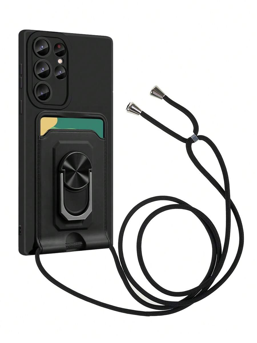 1 Ốp Điện Thoại Màu Đen Có Ngăn Đựng Thẻ, Chân Đế Và Dây Buộc Tương Thích Với Samsung S23ultra/A54/A14 Và Các Model Khác - màu đen - Xem 1