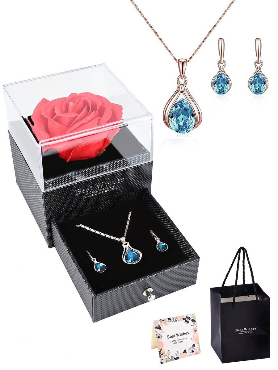 1套保鮮真實紅玫瑰和水滴項鍊耳環套裝- 永恆的花禮物,送給媽媽,奶奶,妻子,女友,生日,周年紀念日,浪漫禮物來自 - 玫瑰金 - 查看 1