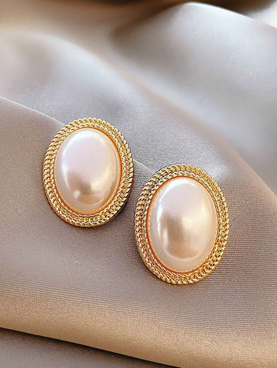 优雅的法式珍珠耳环，复古小众设计女士耳环，复古珍珠耳环女士 - 金黃色 - 查看 1