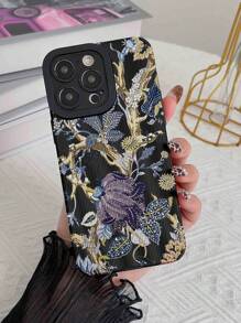 Autumn/winter Leaf Pattern Sticker Black Phone Case - Navy Blue - View 3