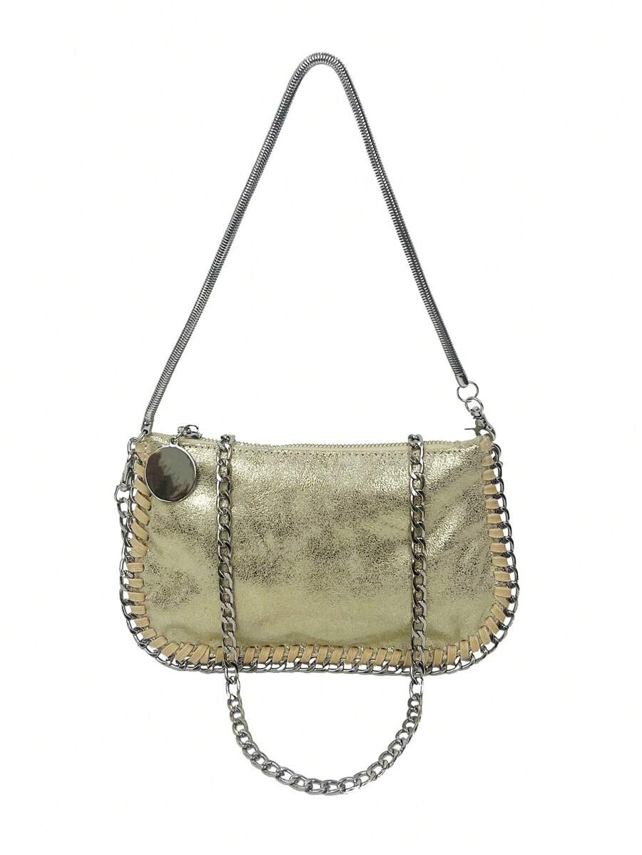 Handmade Chain Straps Multi-Functional Silver Metallic Color Crossbody Bag With Arm Hole & Shoulder Strap - Gold - View 1