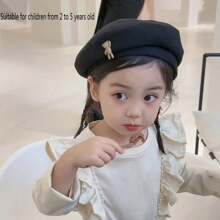 兒童貝雷帽,韓國時尚親子畫家帽,適用於女孩休閒場合 - 黑色 - 查看 1