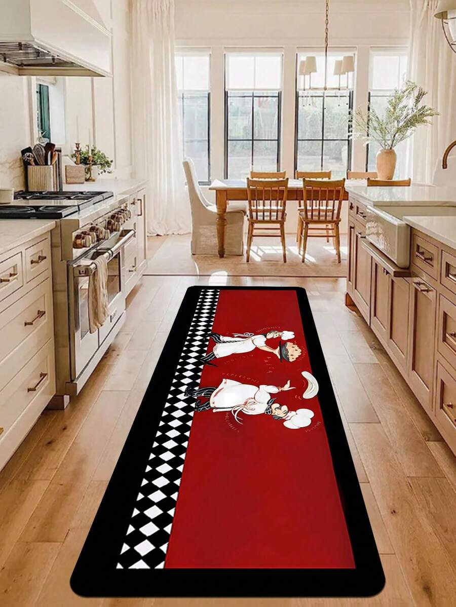 1 件廚師黑白格紋廚房地毯防滑可洗廚房墊適用於走廊地毯 - 紅色 - 查看 1
