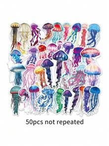 50入組水母塗鴉貼紙、水彩海洋生物貼紙、裝飾手機殼行李箱貼紙、防水