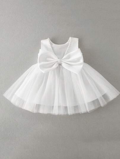 Infant Baby Girls' White Formal Dress With Large Bowknot And Tulle Skirt, 0-2 Years Old