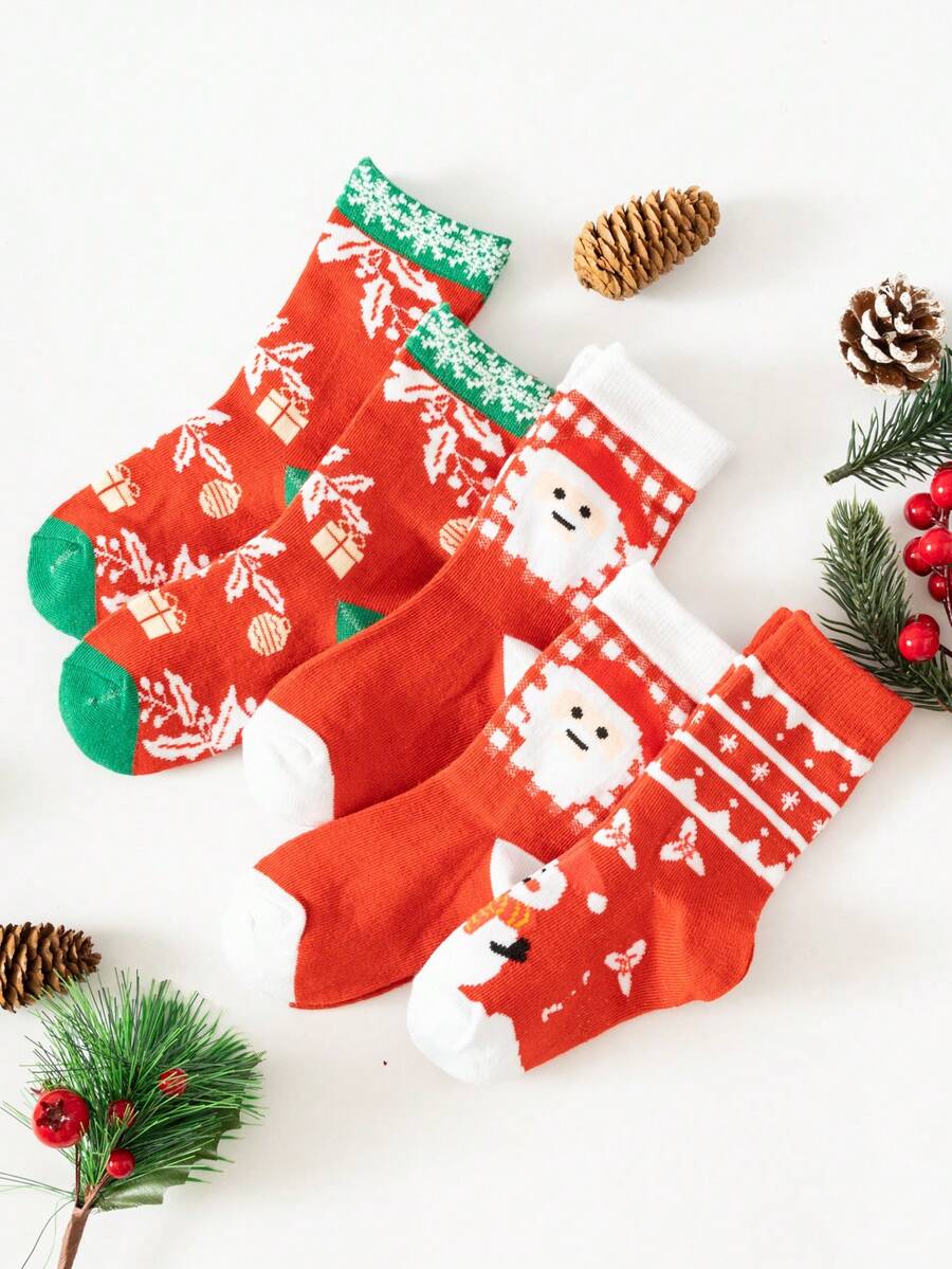 5對聖誕節男女童可愛聖誕老人印花襪子,時尚的秋冬新年襪子