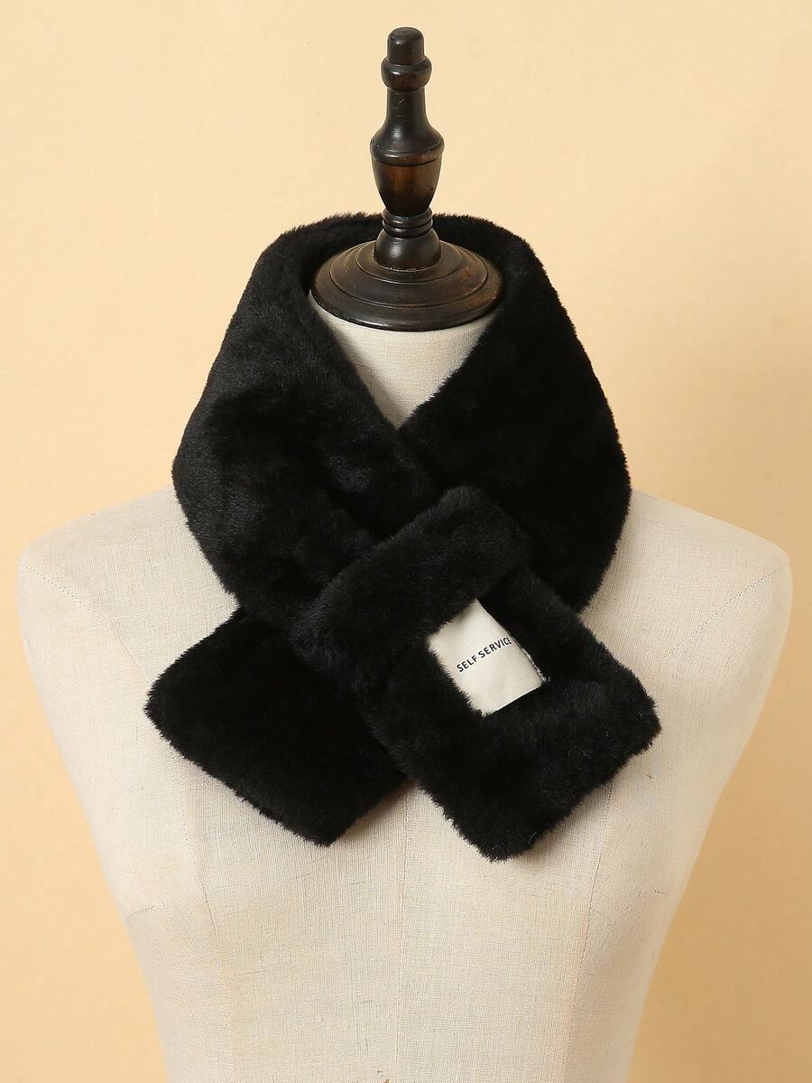 1條時尚仿兔毛純色毛絨厚保暖圍巾,防風保護頸部並可拆卸的女士圍巾,適用於日常穿搭和秋冬裝 - 黑色 - 查看 1
