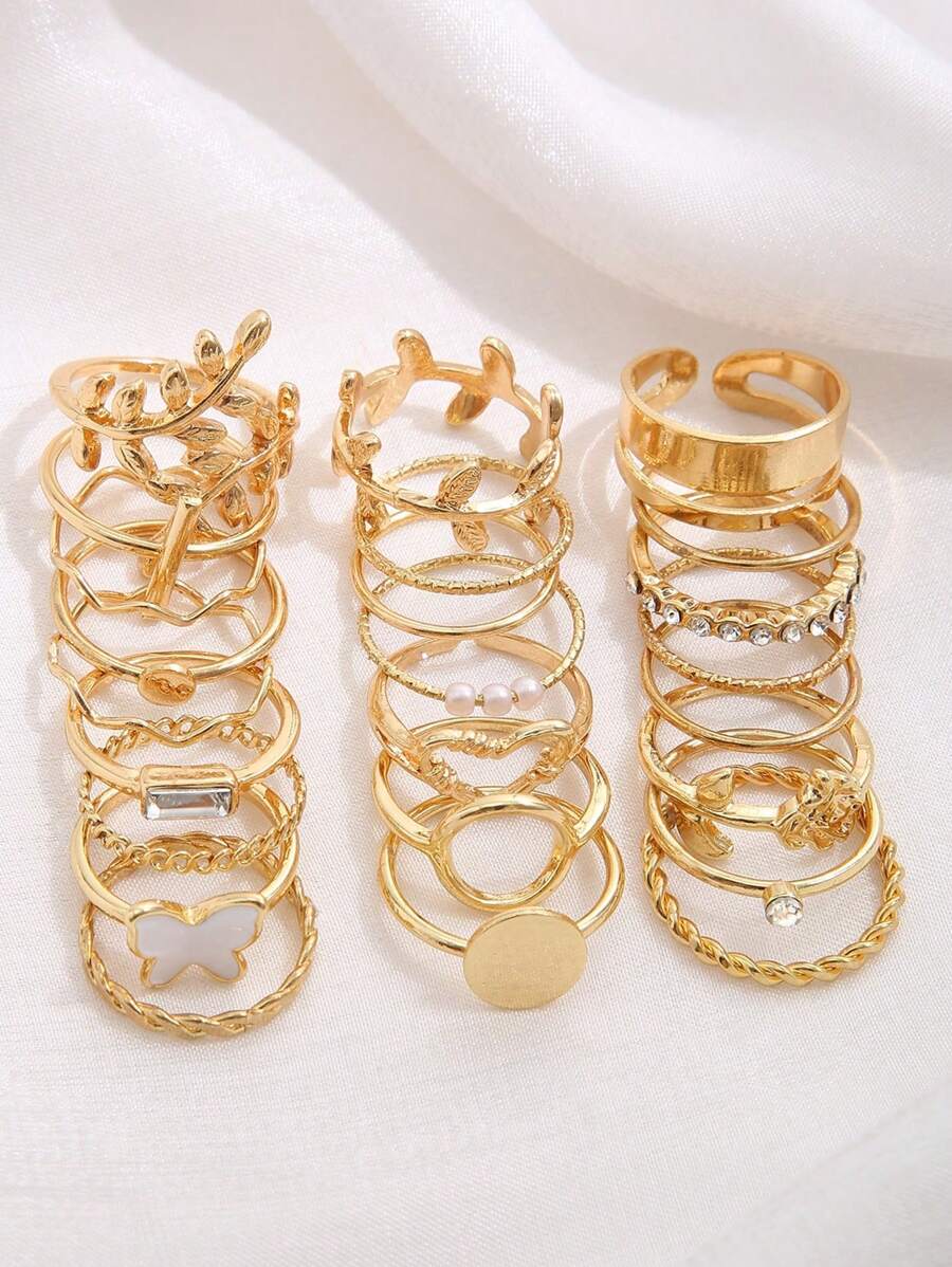 17KM 24pcs Inlaid Rhinestone Faux Pearl Geometric Rings Set - Yellow Gold - View 1