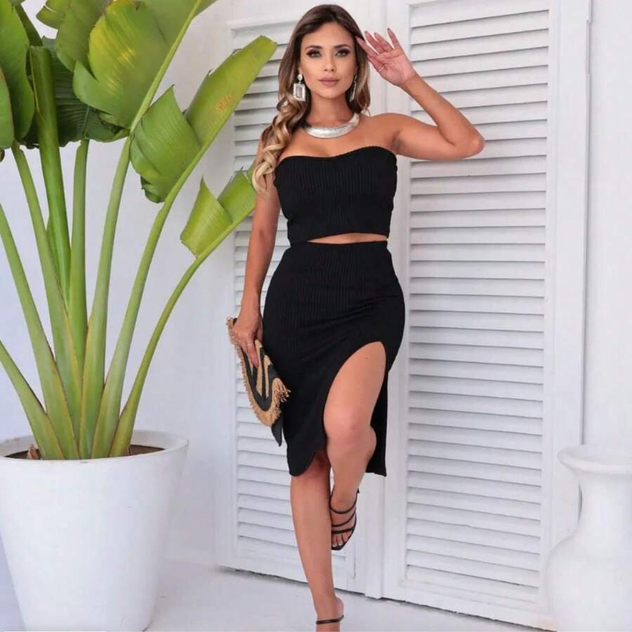 Conjunto Saia Midi Fenda Lateral E Cropped Top Tomara que Caia Feminino - Preto - Visão 1