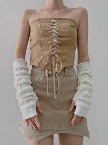 1對女式時尚白色凸花針織防寒套臂袖套搭配黑色針織手套,y2k風格,適用於日常/約會/家居/時尚