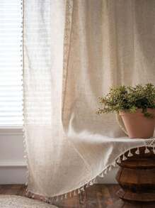 Hollow Out & Patchwork & Tassel Designed Linen Bamboo Joint Dots Window Curtain - Bamboo pitted hollow cotton thread splicing - View 5