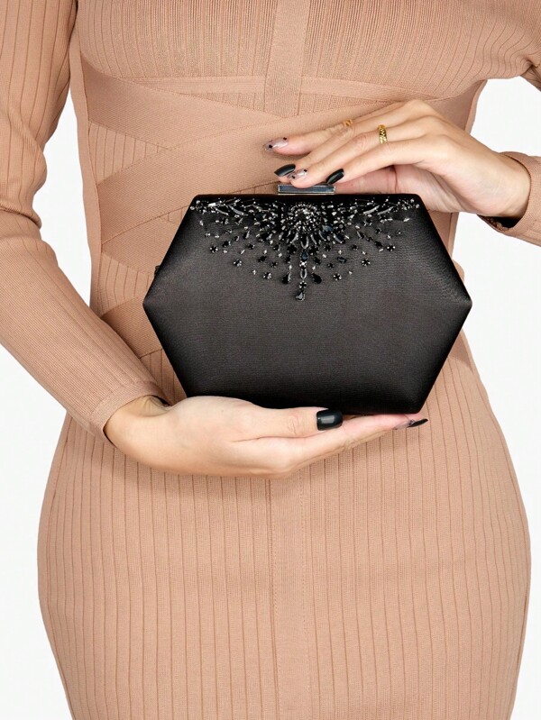 Hexagon Rhinestone Embellished Women's Clutch Bag, Handcrafted Crystal Evening Handbag In Elegant Box Shape For Party, Wedding