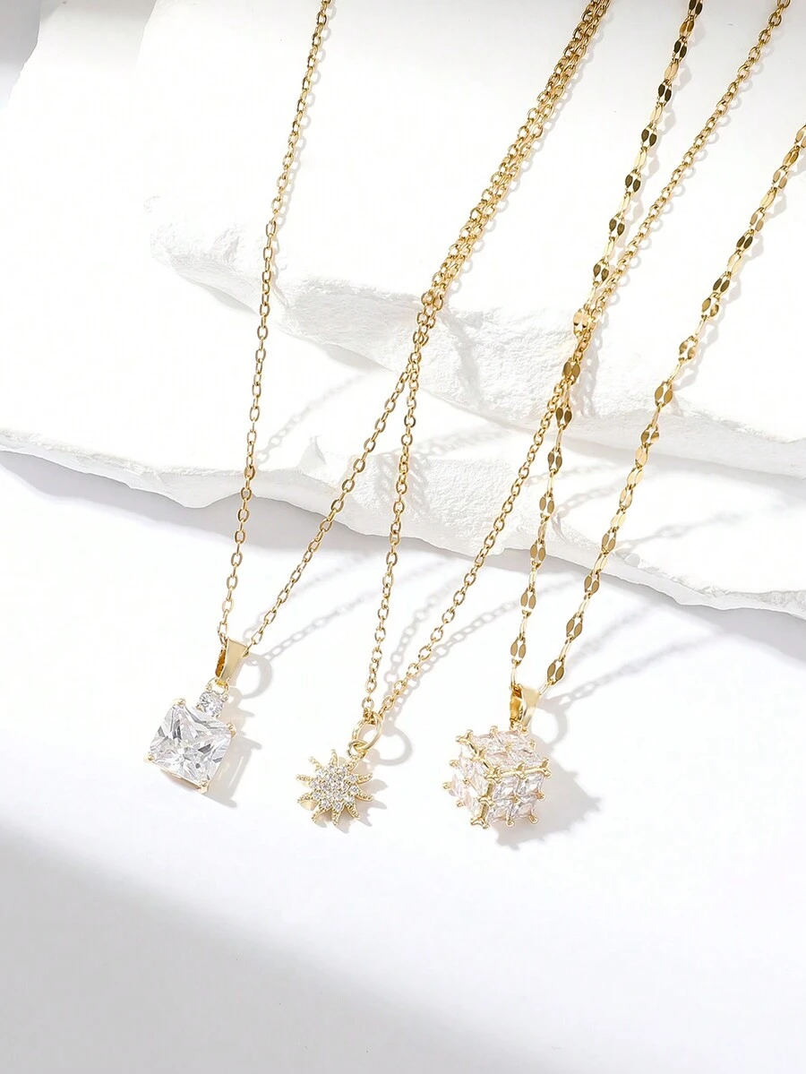 3pcs Đúng mốt Thiết kế sáng tạo Sáng bóng Dát 3D Hình học Hoa Hướng dương Hình vuông Vật rủ xuống Sự phối hợp Thanh lịch Của phụ nữ Vòng cổ xương đòn Quà tặng hẹn hò - Vàng - Xem 1
