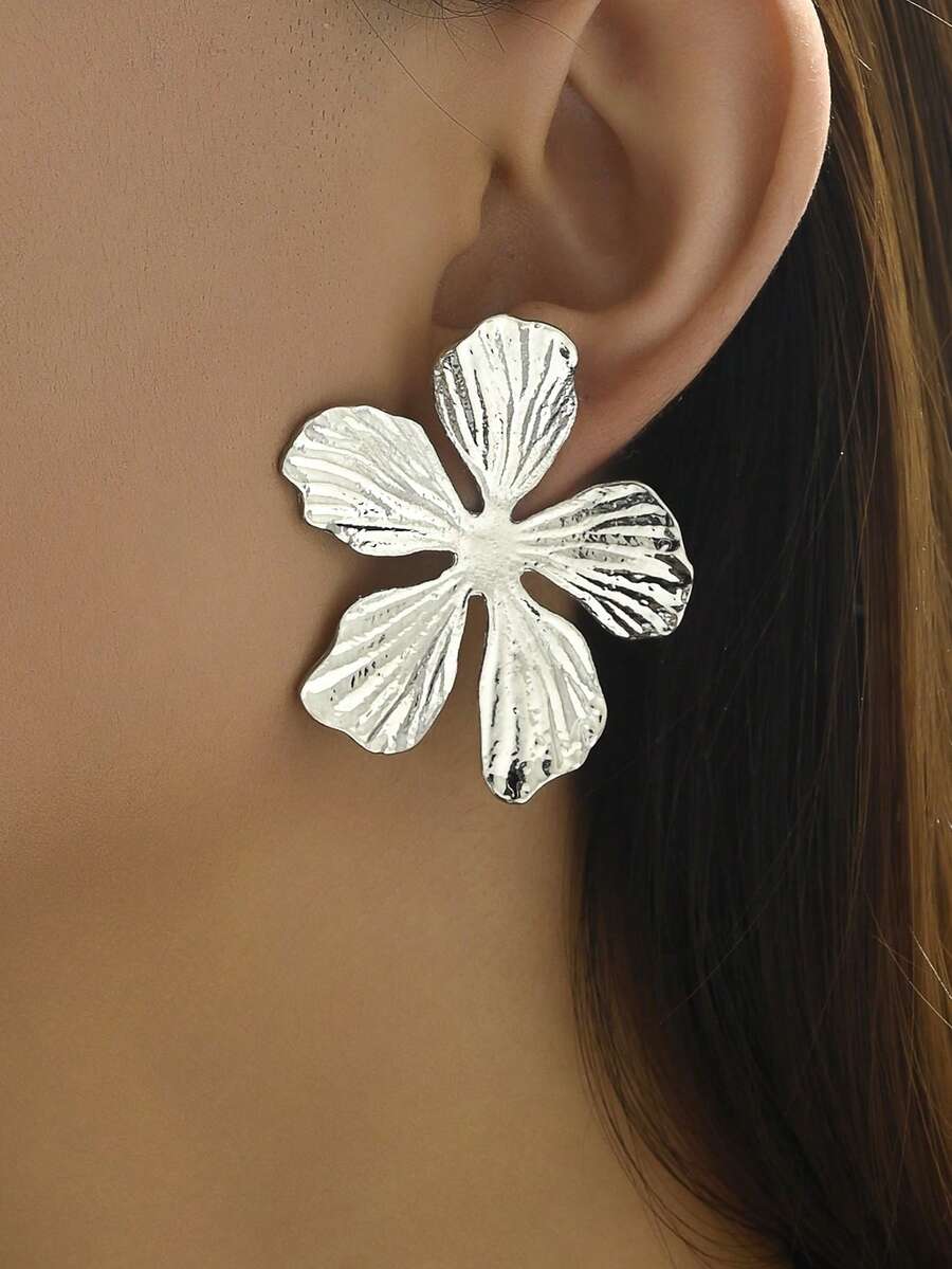 1對時尚金屬幾何花卉耳釘耳環 - 銀色 - 查看 1