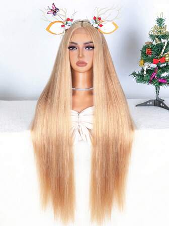 NOBLE 萬聖節/聖誕節女用合成蕾絲前鬢假髮40英寸直髮蕾絲假髮漸層金色蕾絲假髮cosplay U型直髮蕾絲前鬢假髮附有嬰兒毛