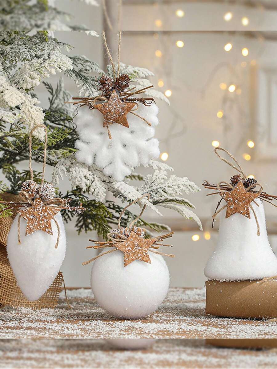 1 件聖誕裝飾懸掛裝飾品,帶有白色毛茸茸的雪花、水滴、鈴鐺、星星、泡沫球、聖誕球和聖誕樹形吊墜