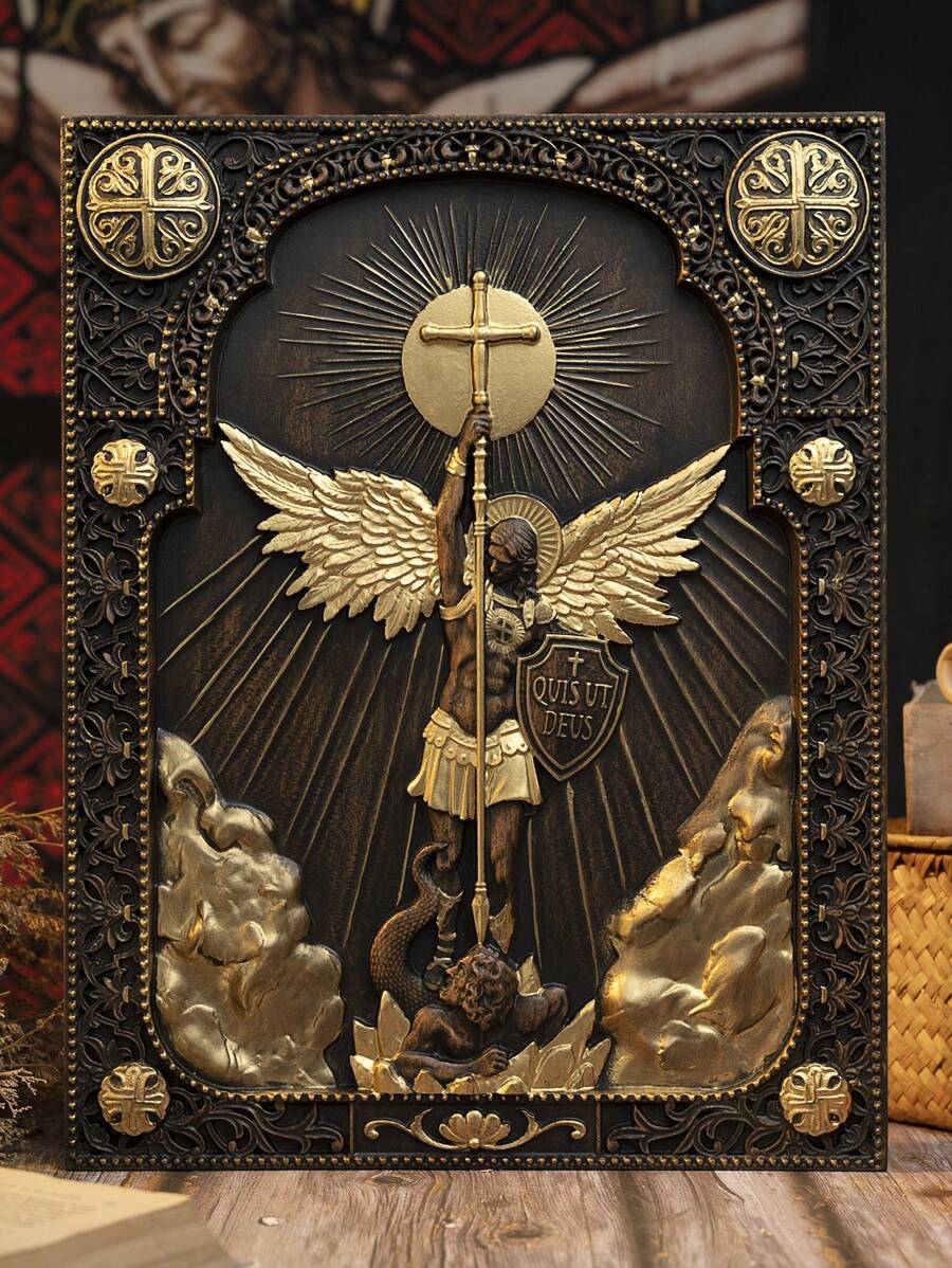 1入組大天使米迦勒正方形木製品,適用於家庭客廳裝飾和聖誕節禮物