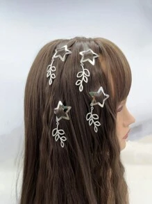 4个女士银色星星叶子装饰金属个性化时尚发夹，适合日常佩戴 - 銀色 - 查看 1