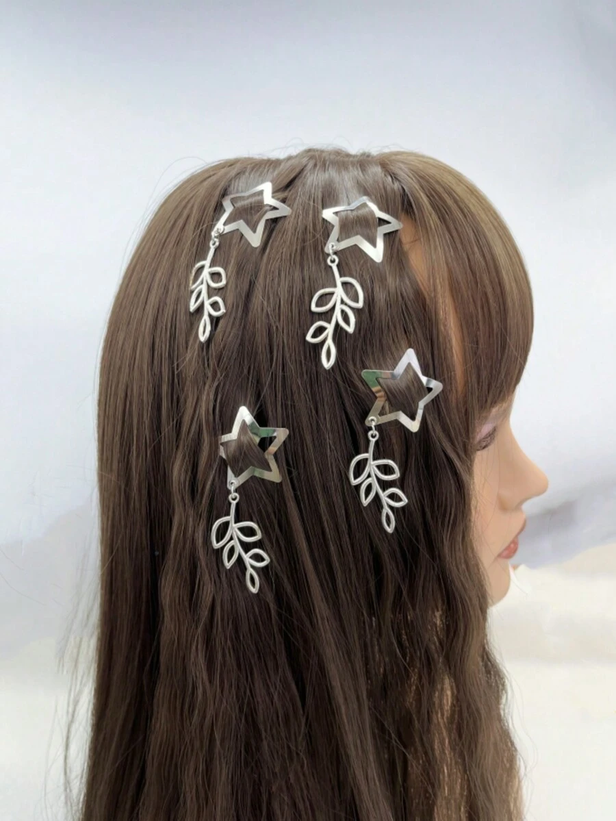 4个女士银色星星叶子装饰金属个性化时尚发夹，适合日常佩戴 - 銀色 - 查看 1