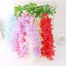 1朵模擬藤蘿花紫丁香小束掛壁假花婚禮背景裝飾藤蔓繡球掛蘭花串客廳掛壁單朵4葉4枝，約120朵花 - 粉色 - 查看 9