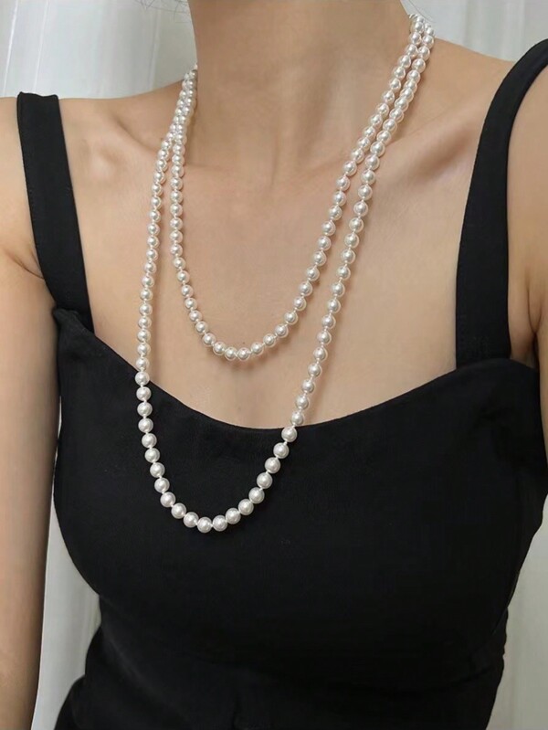 1pc 8mm Classic 150cm Clavicle Chain, Faux Pearl Long Necklace, Vintage Jewelry Beaded Chain Necklace For Women, Sweater Chain, Suitable For Daily Wear & Parties, Unisex Gift, White/Beige Pearl Pendant