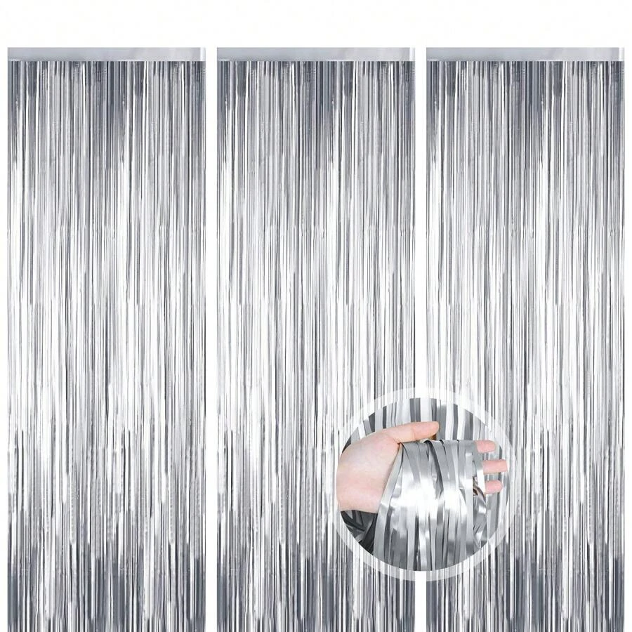3入組銀色閃爍亮片片幔,金屬光澤閃爍窗簾邊緣箔布幔,閃閃發亮的窗簾裝飾,適用於聖誕樹、生日派對、婚禮舞台裝飾 - 銀色 - 查看 1
