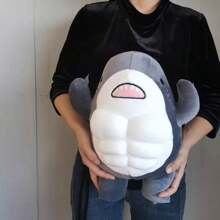 37cm肌肉鯊魚毛絨公仔,可愛的運動員鯊魚填充卡通玩具,強壯的動物枕頭送給男友的禮物 - 灰色 - 查看 6